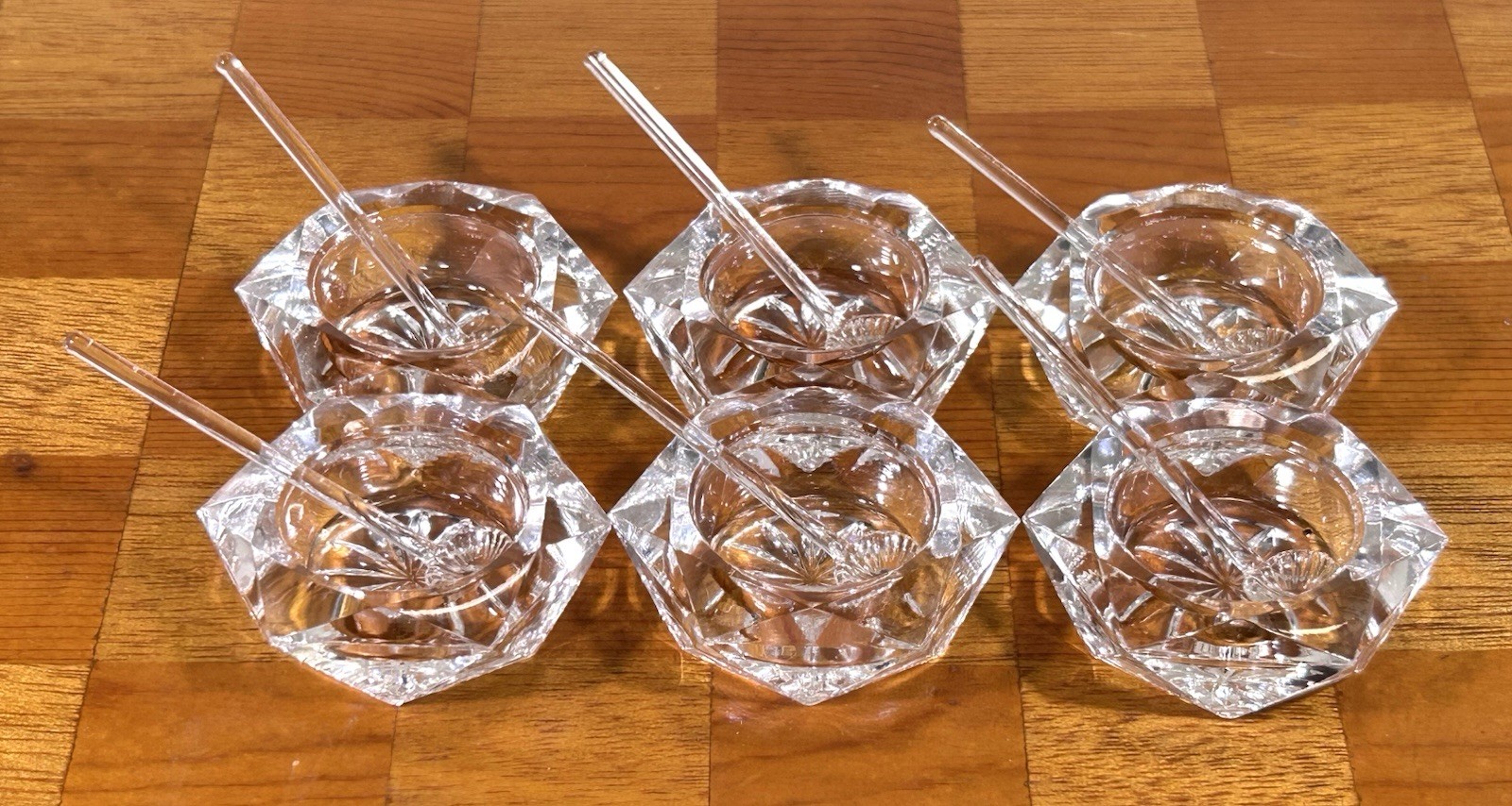 VTG Hexagon Crystal Starbust Open Salt Cellars Set Of 6 W/ Glass Spoons • Czech VTG Hexagon Crystal Starbust Open Salt Cellars Set Of 6 W/ Glass Spoons • Czech