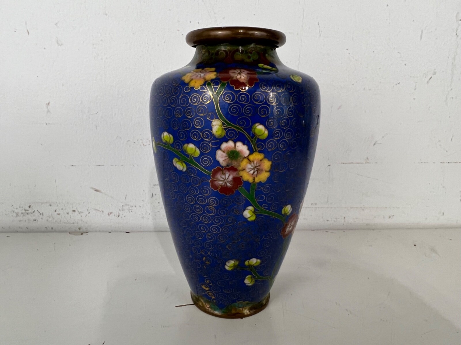 Vintage Possibly Antique Japanese Blue Cloisonné Vase with Floral Decorations Vintage Possibly Antique Japanese Blue Cloisonné Vase with Floral Decorations