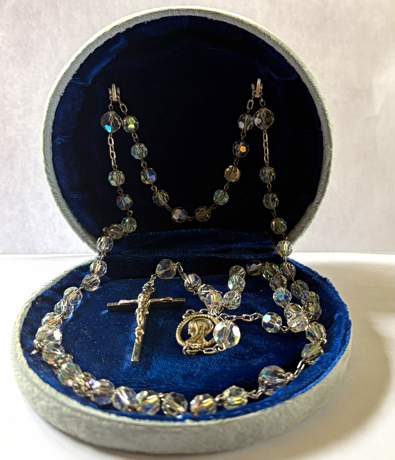 Vintage Sterling Silver Catholic Rosary Clear Faceted Crystal Beads  Pre Owned