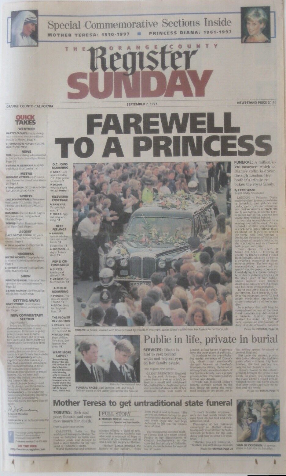 Original 1997 Orange County Register PRINCESS DIANA MOTHER TERESA Farewell Issue