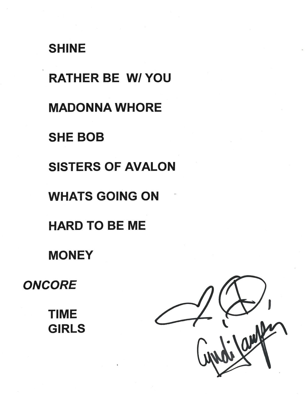 Cyndi Lauper Autograph Signed Concert Set List