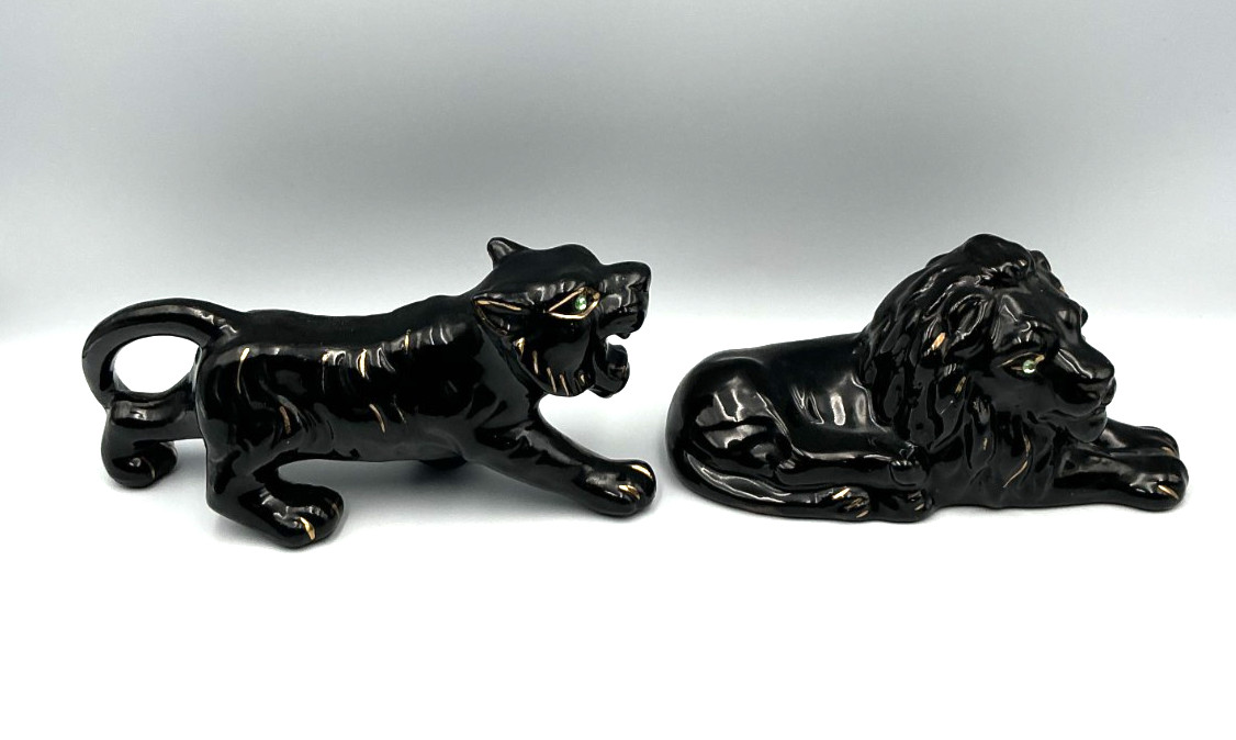 Vintage MCM Ceramic Lion & tiger Figurine Set Gold Trim Green Jewel Eyes Vintage MCM Ceramic Lion & tiger Figurine Set Gold Trim Green Jewel Eyes
