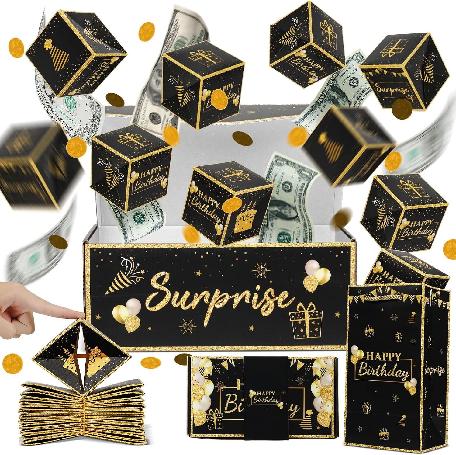 Birthday Surprise Gift Box Explosion for Money, Exploding Black Gold Birthday Surprise Gift Box Explosion for Money, Exploding Black Gold