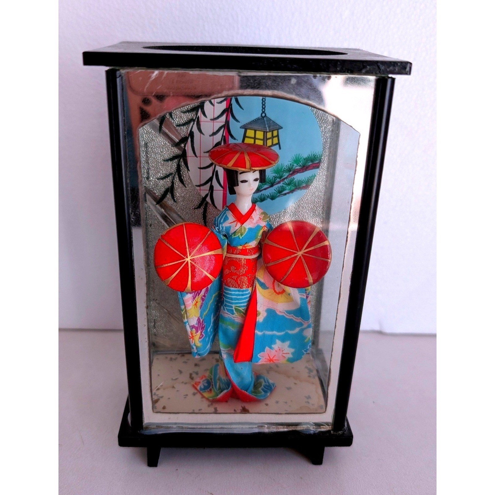 Vintage Japanese Geisha Doll in Glass Case Blue Kimono Red Parasols Decor 7.5in Vintage Japanese Geisha Doll in Glass Case Blue Kimono Red Parasols Decor 7.5in