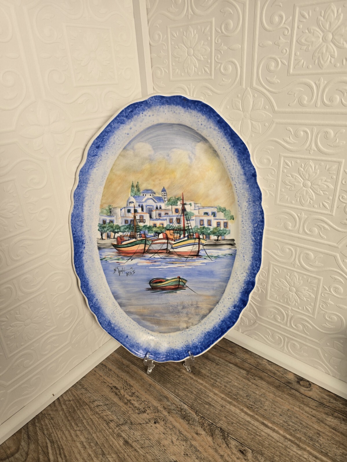 Large Greek Kerameikos Platter Hand Painted Signed Pegasus Kos Vintage Large Greek Kerameikos Platter Hand Painted Signed Pegasus Kos Vintage