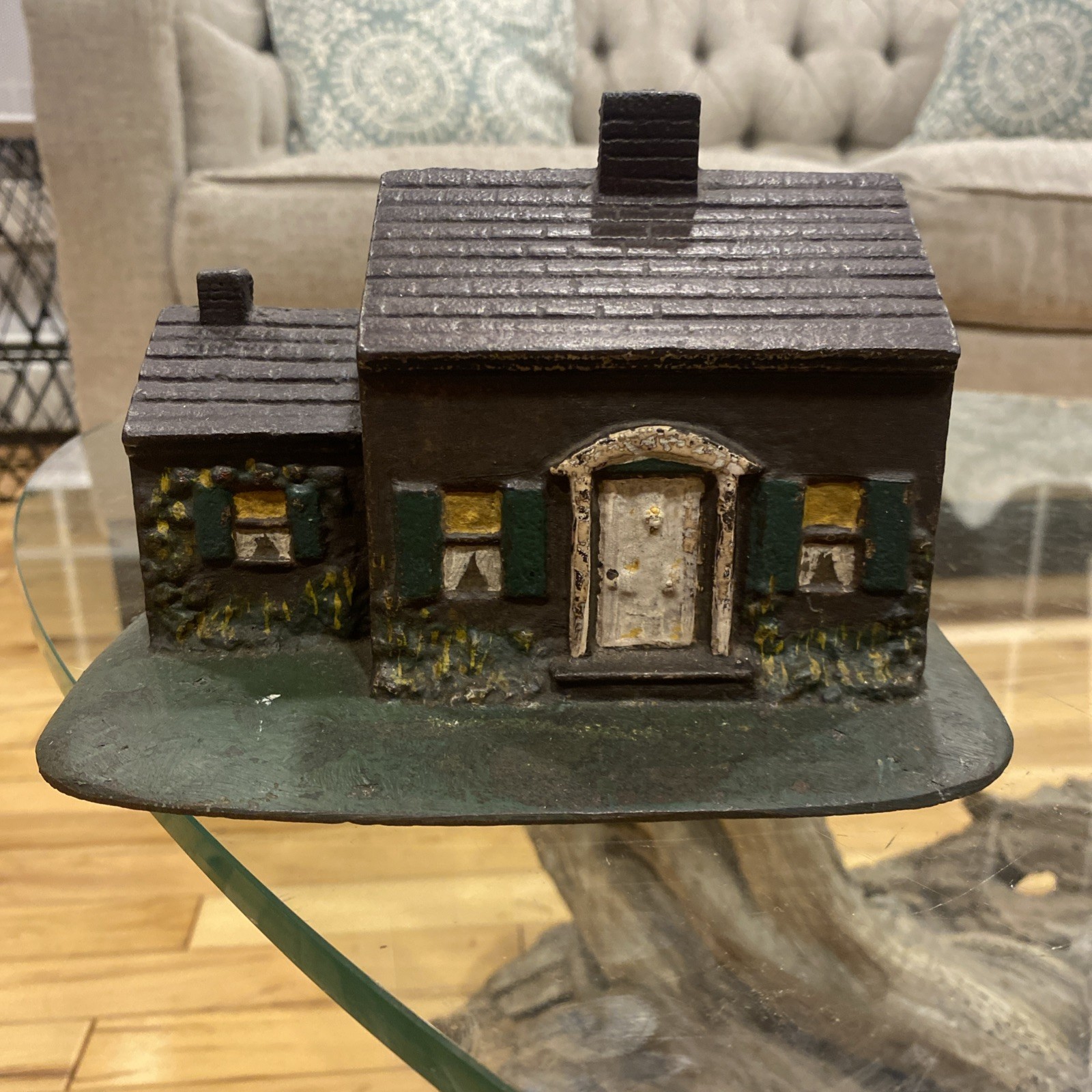 Vintage Cast Iron Painted Cape Cod Green Yellow Cottage Doorstop 1920’s-1940’s