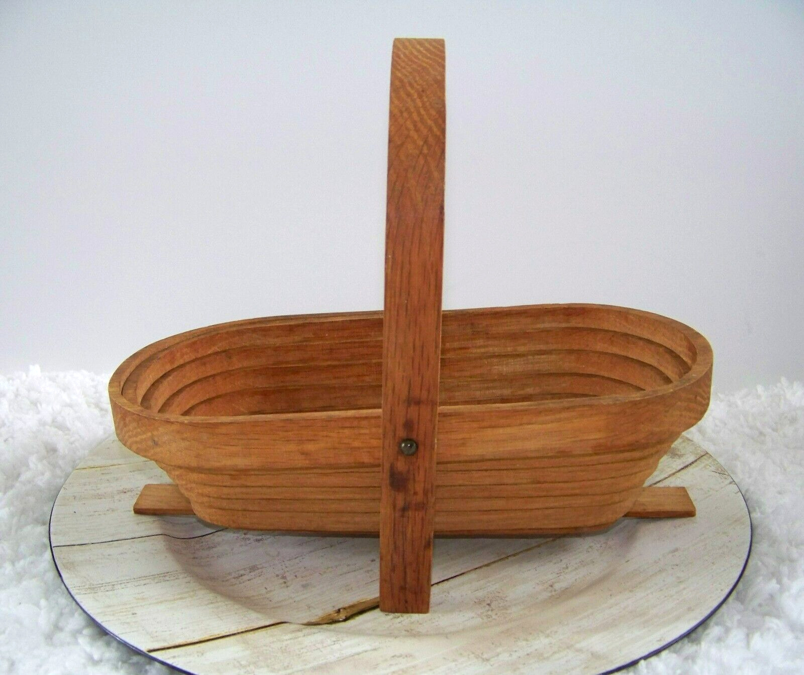 Vintage Farmhouse Folding Collapsible Wood Basket Handcrafted Signed By Artist