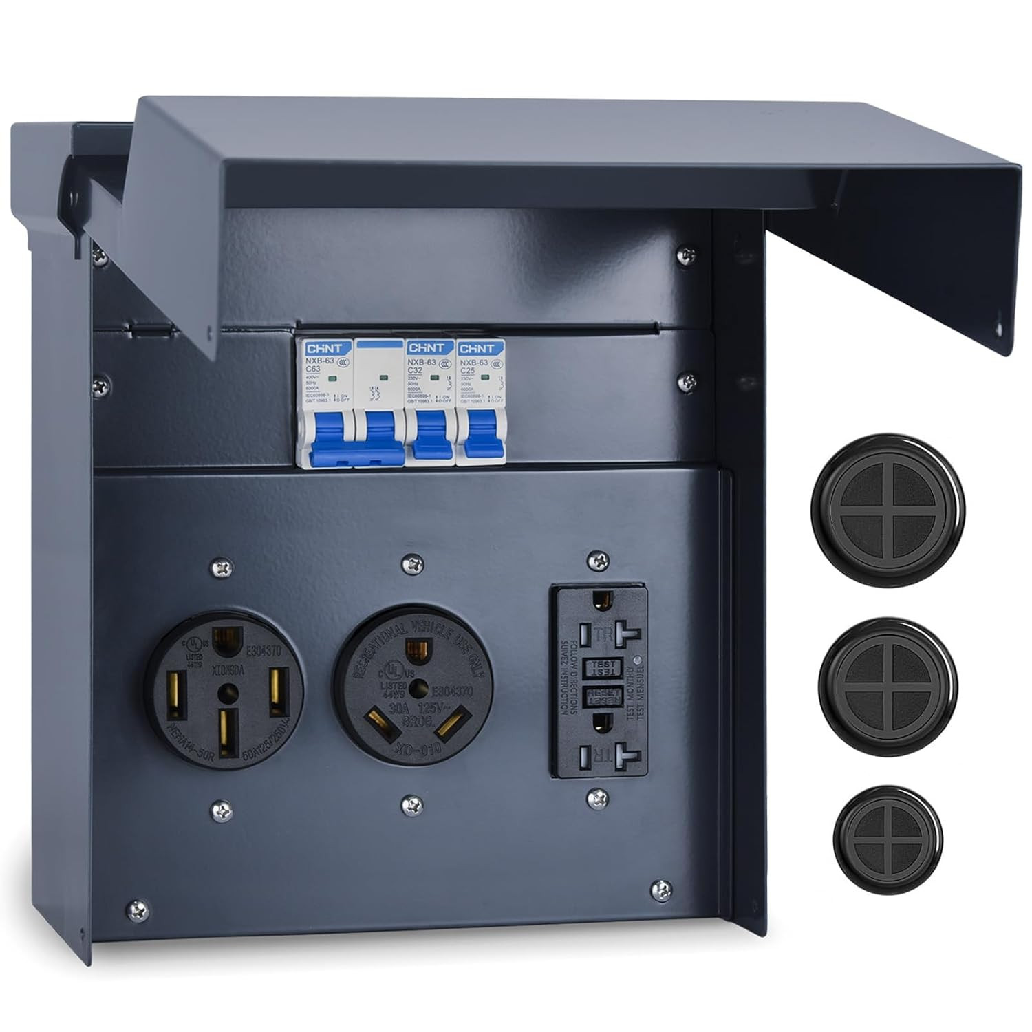 RV Electrical Panel with Breaker, Temporary Power RV Outlet Box, UL 50 30 20Amp RV Electrical Panel with Breaker, Temporary Power RV Outlet Box, UL 50 30 20Amp