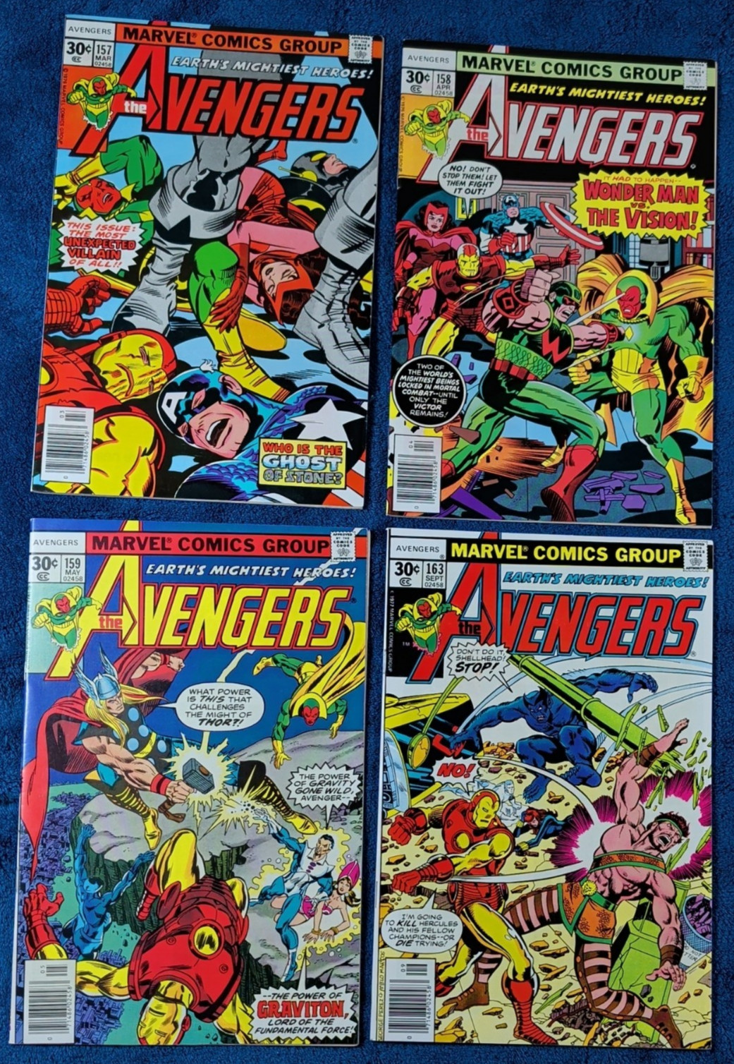 THE AVENGERS #157, 158, 159, 163, MARVEL, 1977 EARLY AVENGERS STORIES 9.0VF/NM