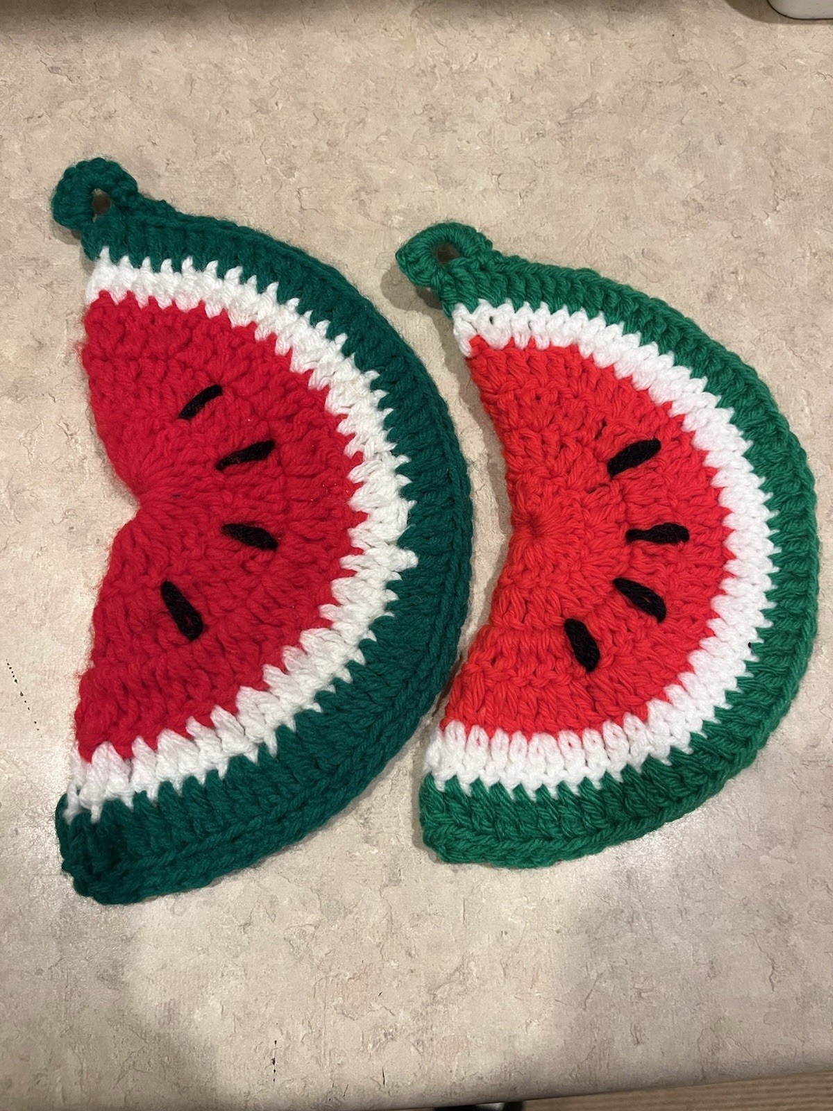 Vintage Handmade Crochet Watermelon Potholders Set of 2 9” Kitchen Decor Vintage Handmade Crochet Watermelon Potholders Set of 2 9” Kitchen Decor