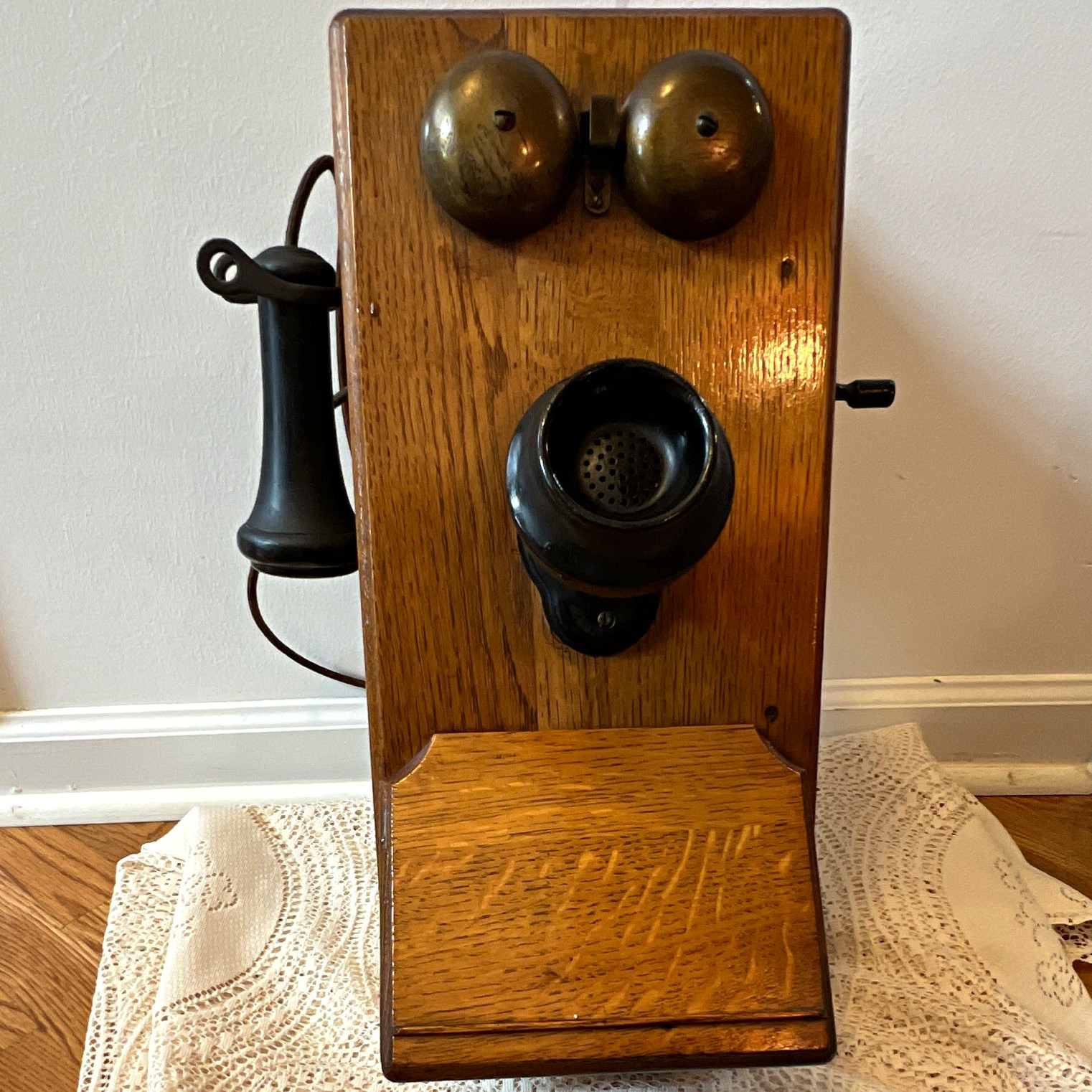 Antique Pre-1940 Wood Wall Crank Telephone w/ Brass Bells & Candlestick Receiver Antique Pre-1940 Wood Wall Crank Telephone w/ Brass Bells & Candlestick Receiver