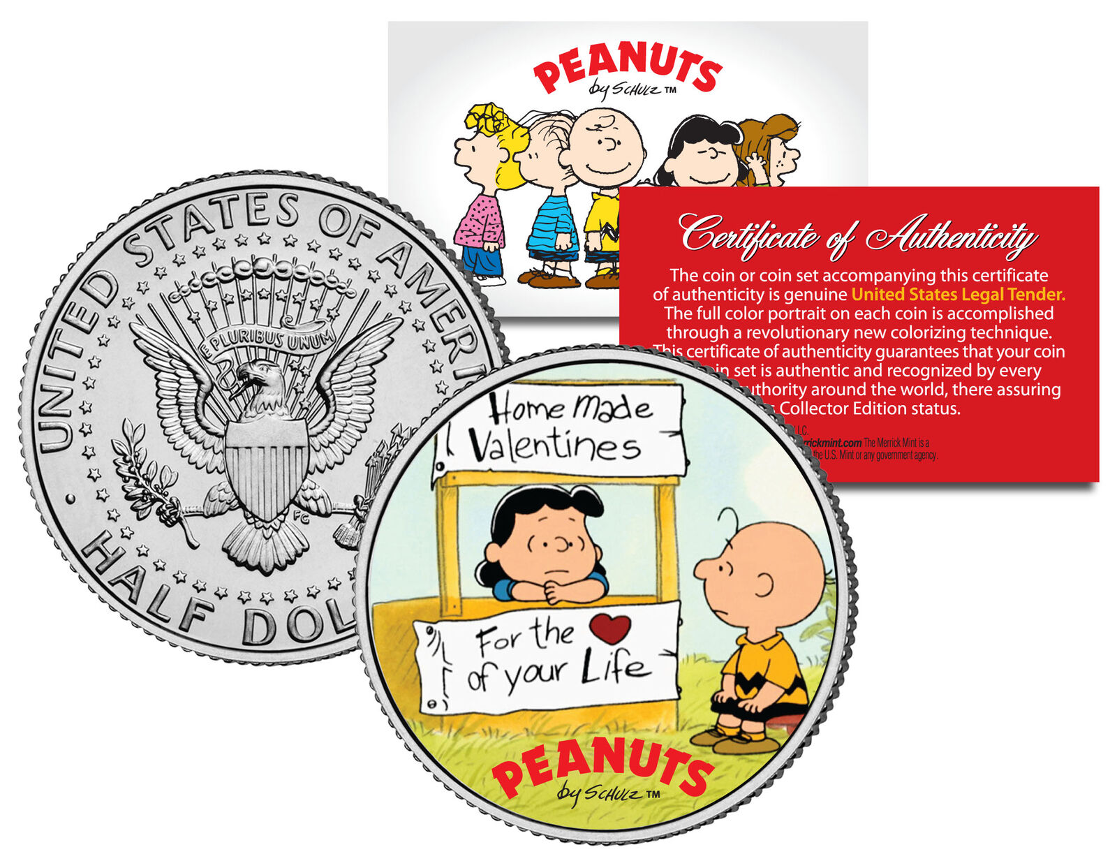 Peanuts VALENTINE\'S * Charlie Brown & Lucy * JFK Half Dollar US Coin - Licensed