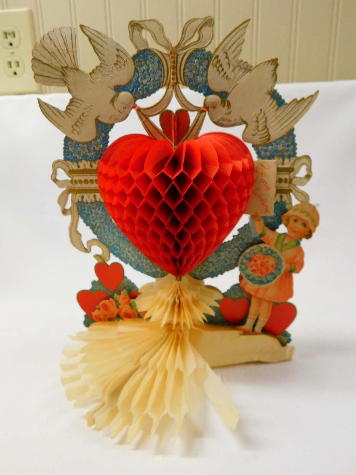 Antique VIntage HUGE 9.5" Tall Germany Honeycomb Fold Out Die Cut VALENTINE Card