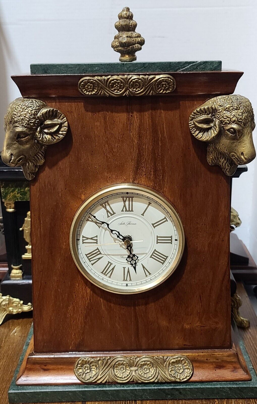 Vintage Marble, Oak, & Solid Braas Mantel Clock With Rams Heads