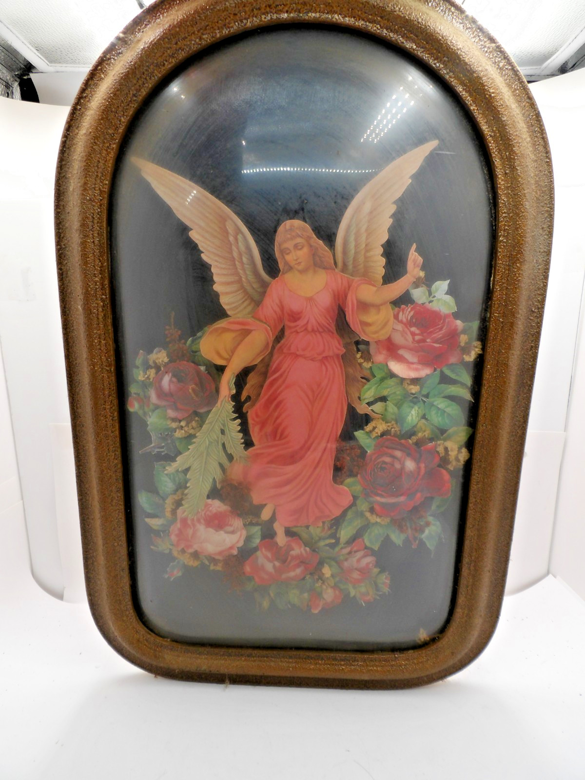 Vintage Victorian Guardian Angel Chromolithograph Convex Bubble Glass Oval Frame Vintage Victorian Guardian Angel Chromolithograph Convex Bubble Glass Oval Frame