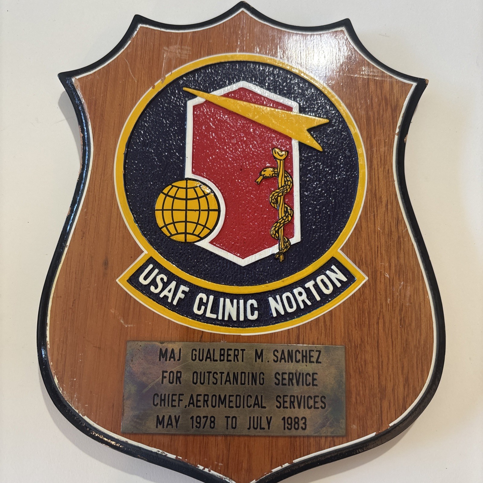 Vintage USAF Norton AFB Clinic Plaque Maj Gualbert Sanchez 1978-1983 Vintage USAF Norton AFB Clinic Plaque Maj Gualbert Sanchez 1978-1983