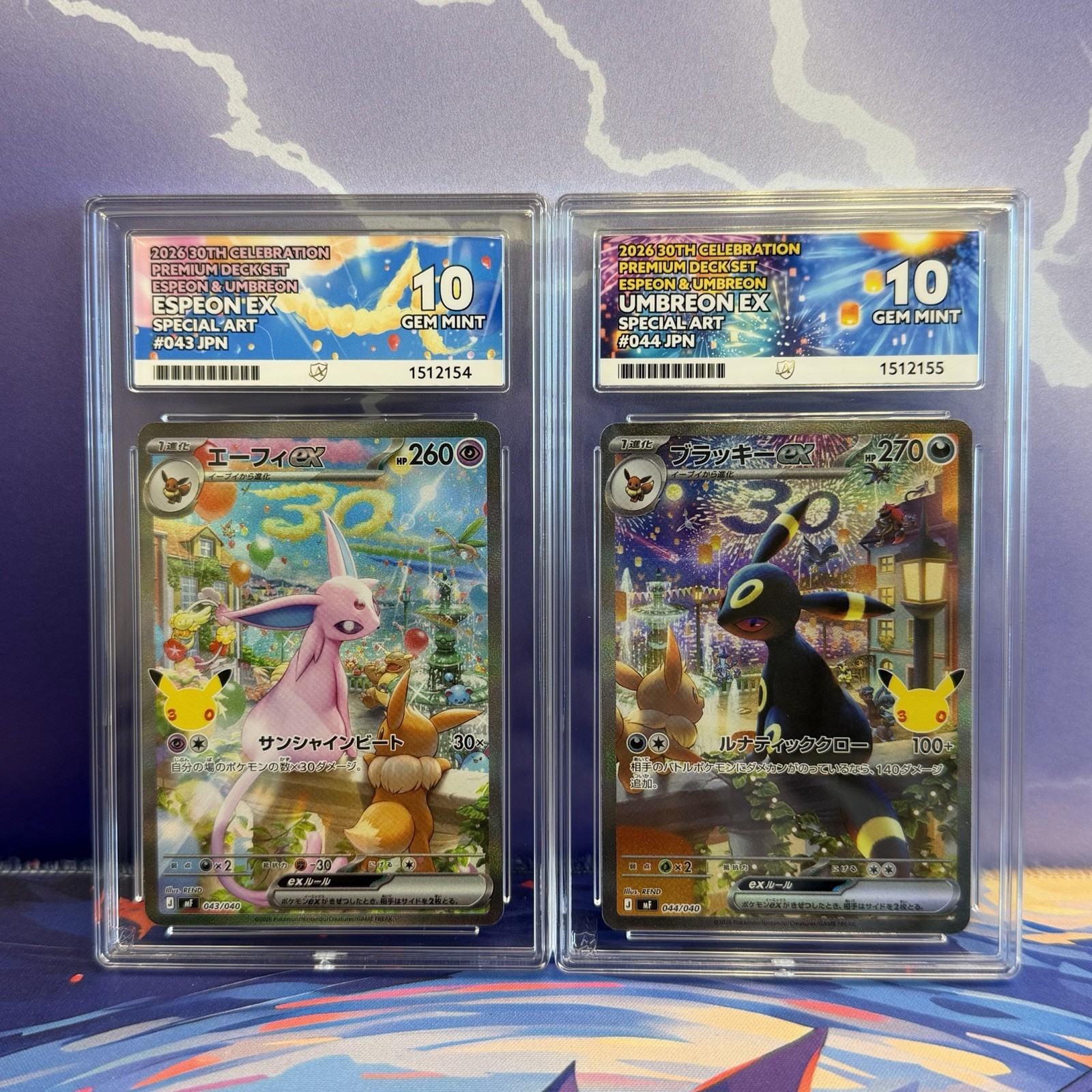 ACE Perfect 10 Set of 2 Sequential Umbreon Espeon 30th Day Night Promos Japanese ACE Perfect 10 Set of 2 Sequential Umbreon Espeon 30th Day Night Promos Japanese