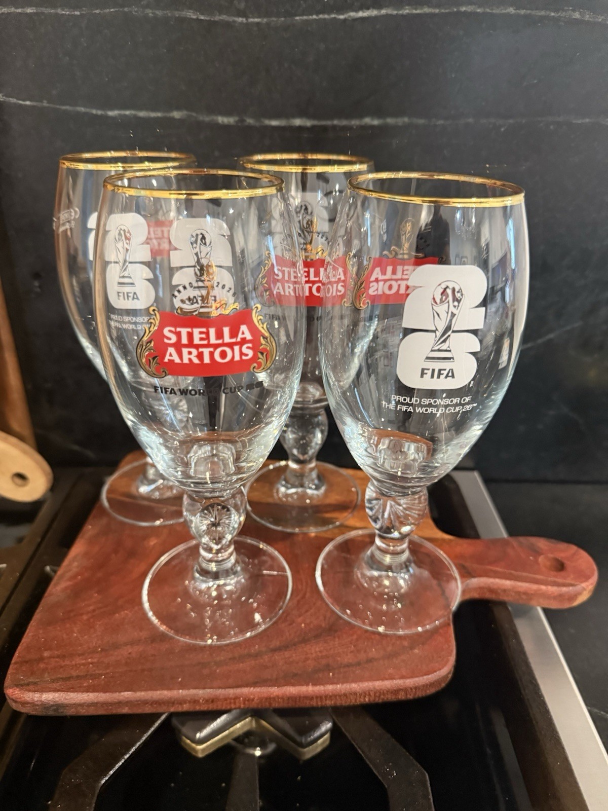 Stella Artois FIFA World Cup Chalice Goblet Beer Glasses Gold Rim Set of 4 Stella Artois FIFA World Cup Chalice Goblet Beer Glasses Gold Rim Set of 4