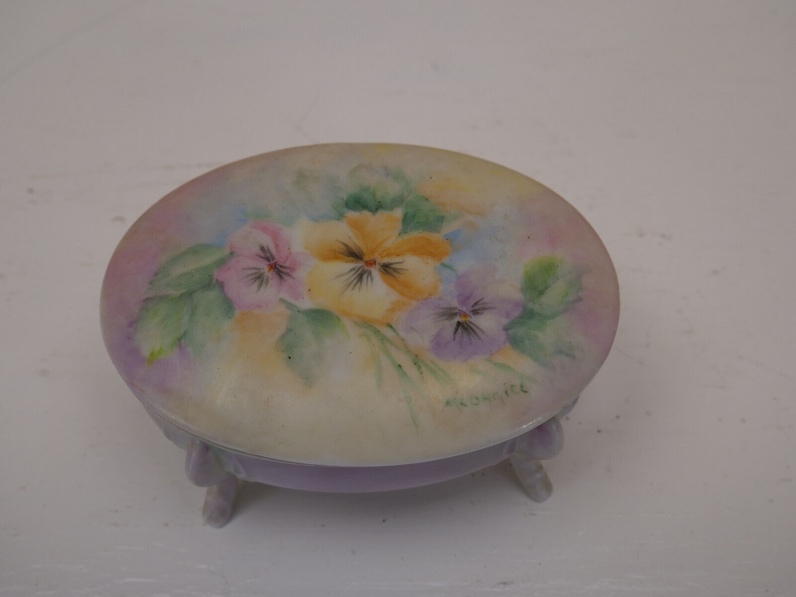 1950\'S  Handpainted Signed Pansy Footed Trinket Box