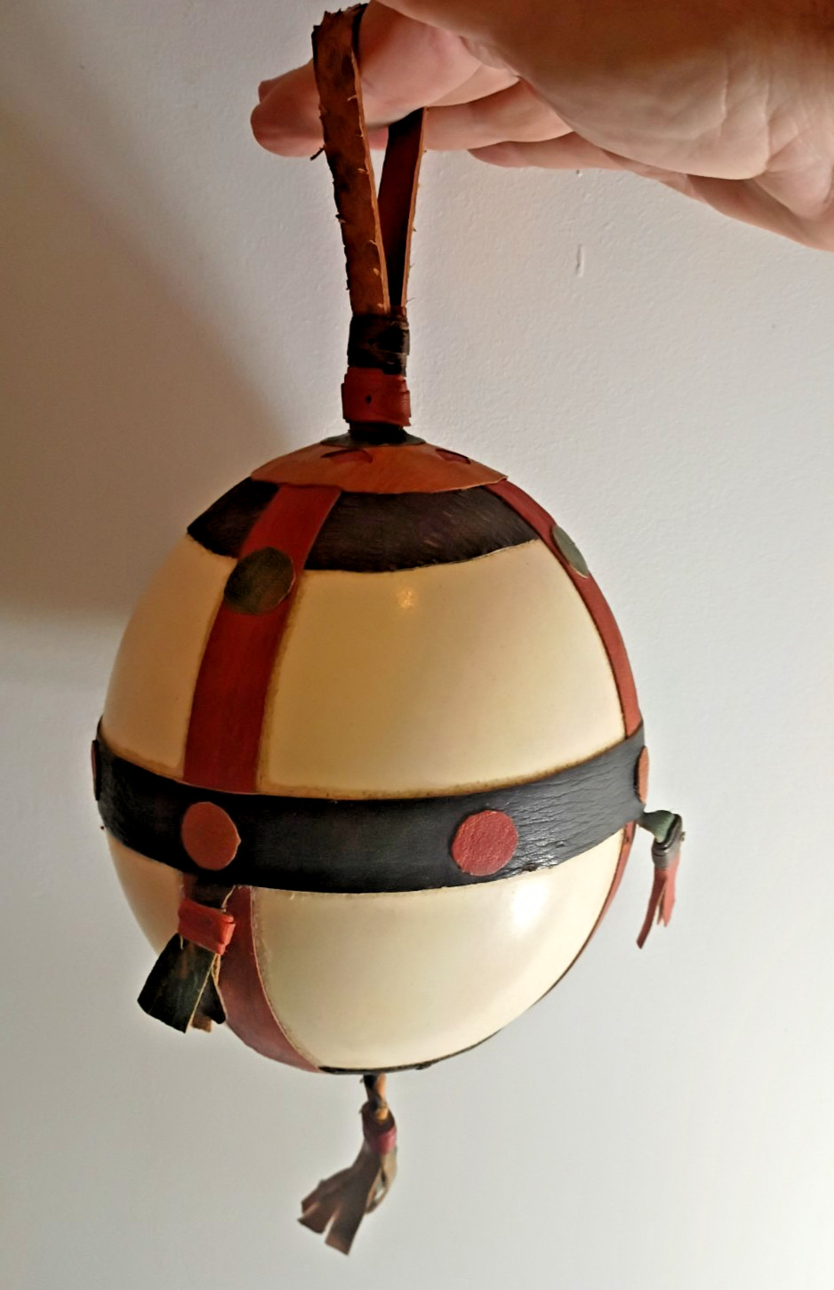 Vtg African Ostrich Egg w/Leather Tribal Hanging Ornament Folk Art 60s / 70s Vtg African Ostrich Egg w/Leather Tribal Hanging Ornament Folk Art 60s / 70s