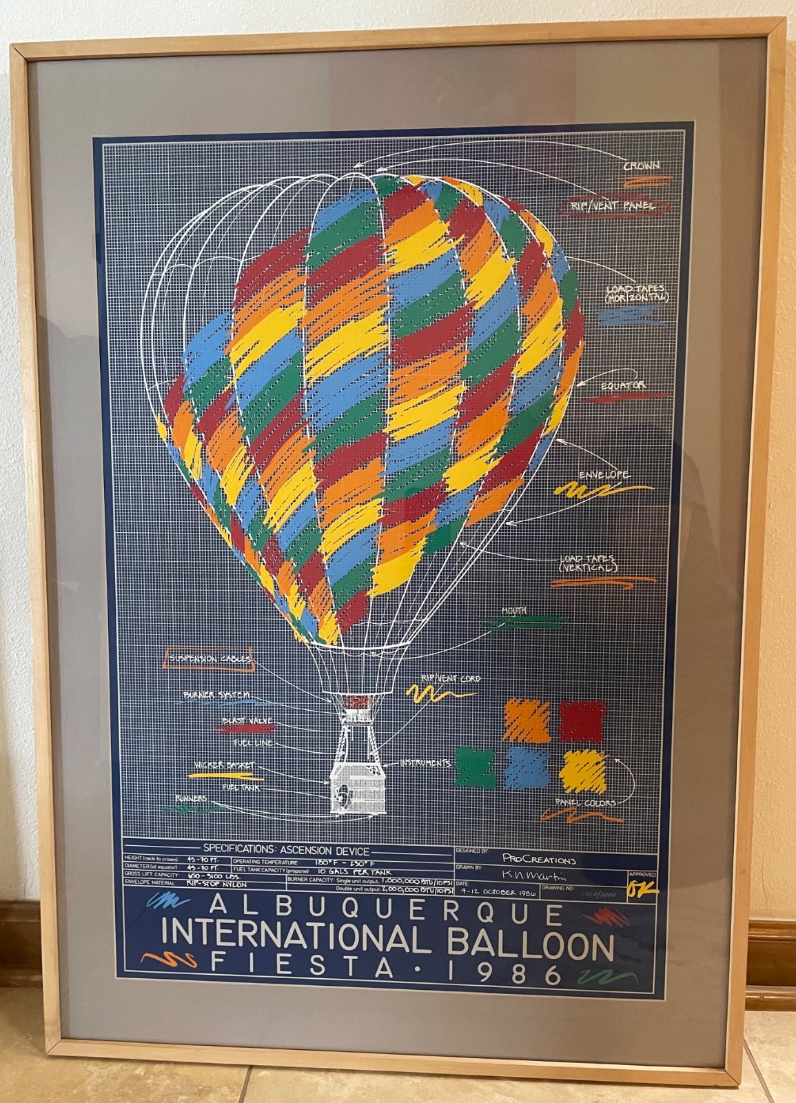 1986 International Balloon Fiesta KN Martin, Matted/Framed/Glass Edn #1334/5000