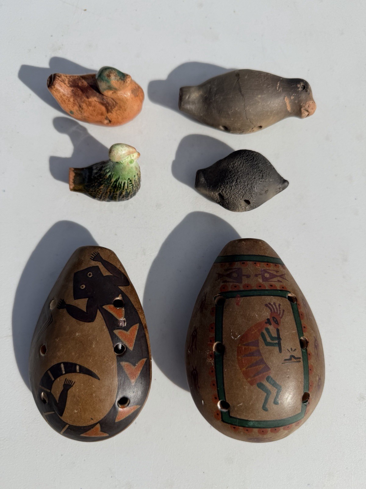 Vintage Native American Carved Pottery Whistles Lot Of 6 Signed Painted Repaired Vintage Native American Carved Pottery Whistles Lot Of 6 Signed Painted Repaired
