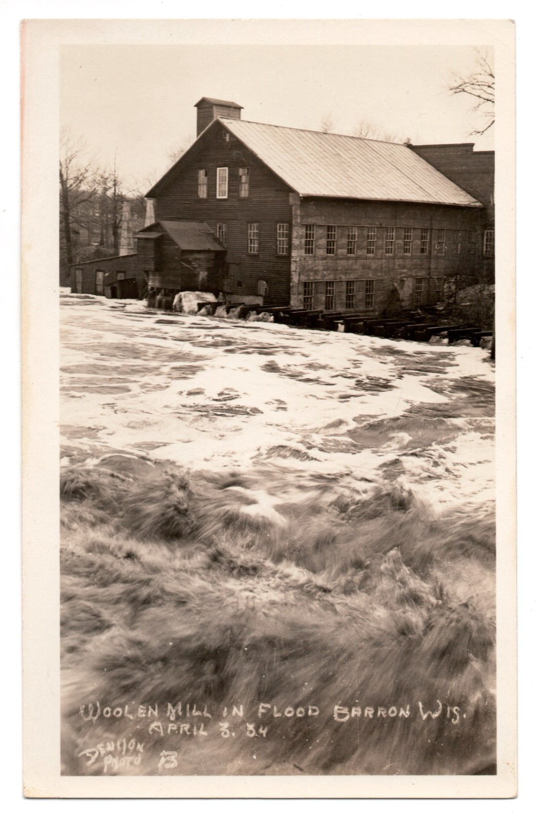Vintage Barron Wisconsin Woolen Mill Flood RPPC Postcard 1934 Denison Photo