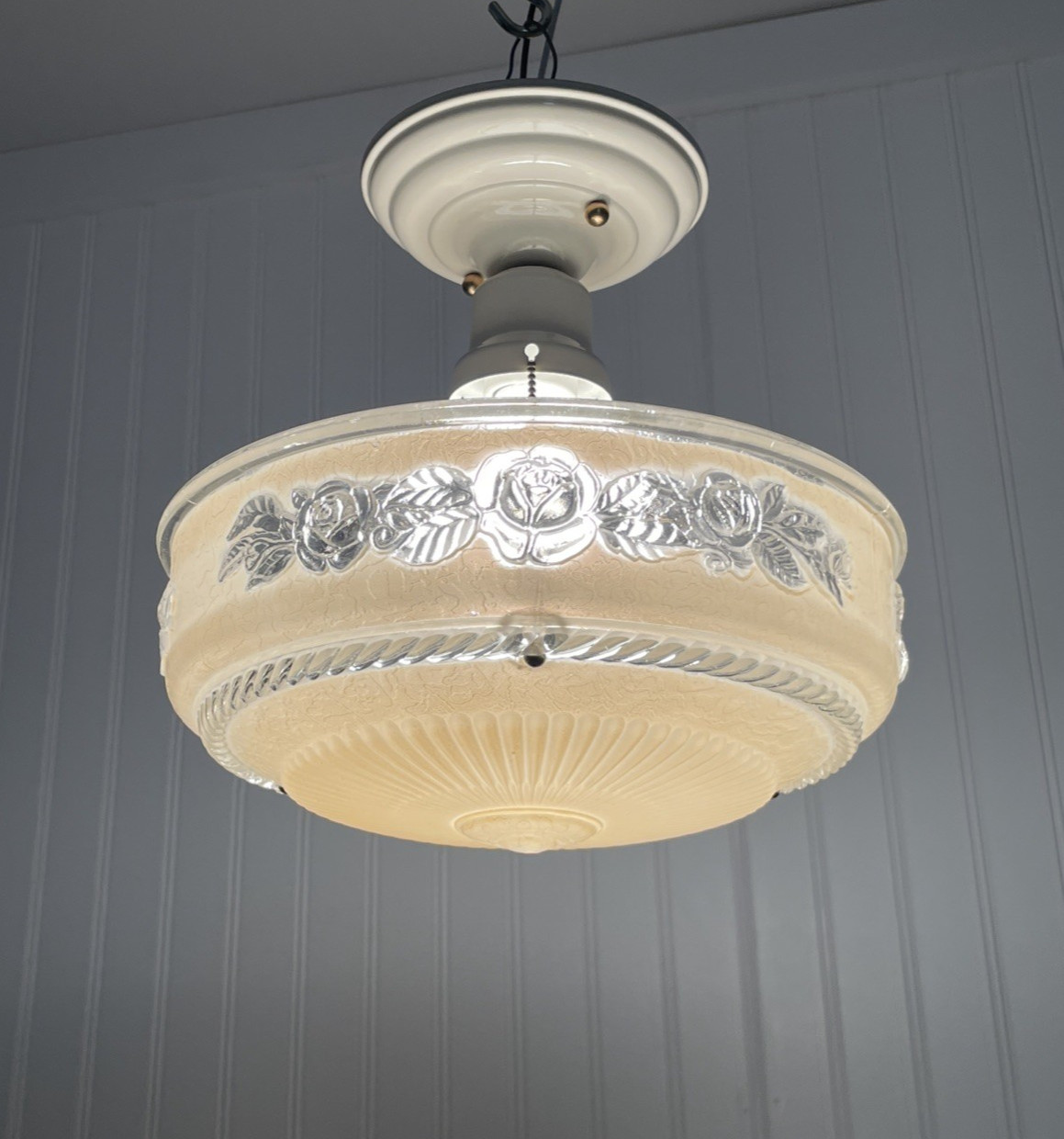 RESTORED Vtg Semi Flush Mount Glass Ceiling Light Art Deco 1920s 1930 1940 Gold RESTORED Vtg Semi Flush Mount Glass Ceiling Light Art Deco 1920s 1930 1940 Gold