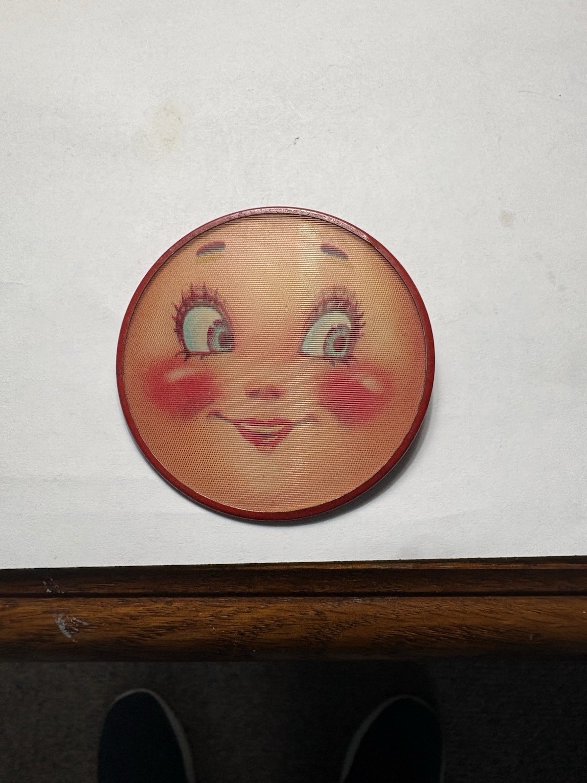 Vintage 1960s Vari-Vue Baby Face Lenticular Flasher Pinback Kissing Wink 2.5” Vintage 1960s Vari-Vue Baby Face Lenticular Flasher Pinback Kissing Wink 2.5”