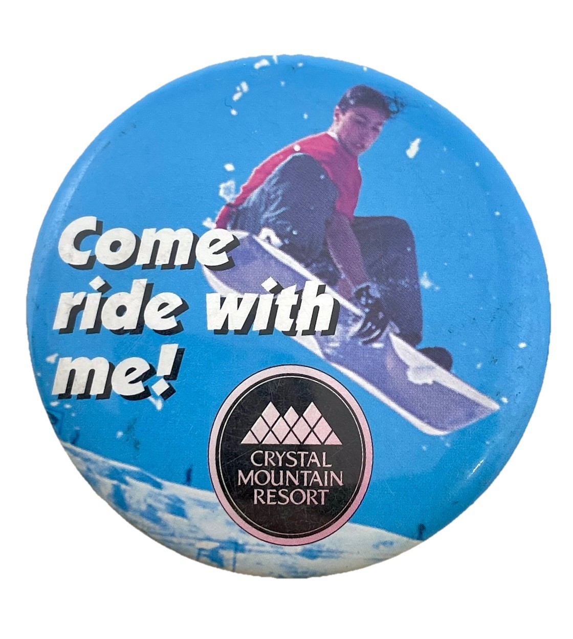 Crystal Mountain Resort Vintage 1990s Snowboard Pinback Button 3” XL Mt. Rainier