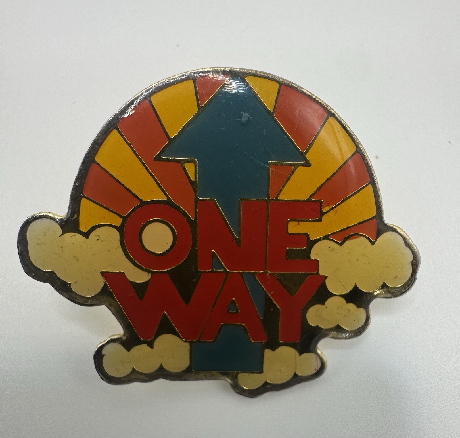 VTG 1970’s ONE WAY Enamel Lapel Pin Retro Sunshine Rays Fluffy White Clouds VTG 1970’s ONE WAY Enamel Lapel Pin Retro Sunshine Rays Fluffy White Clouds