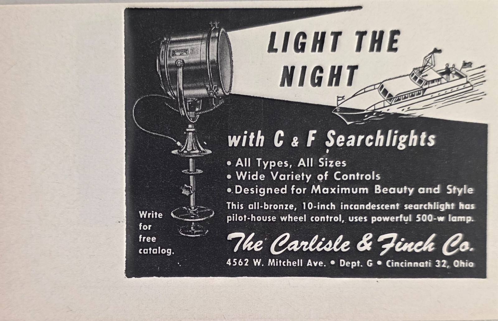 1956 Print Ad Carlisle & Finch C&F Marine Searchlights Cincinnati,Ohio 1956 Print Ad Carlisle & Finch C&F Marine Searchlights Cincinnati,Ohio