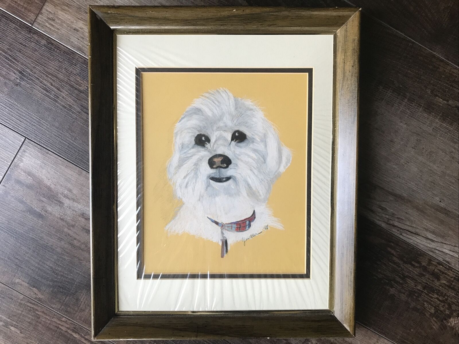 Vintage Framed Dog Picture Signed Matted Maltese Maltipoo 1988 Paint Pencil Rare