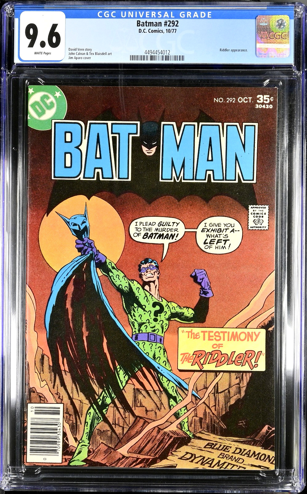 Batman #292 (1977) CGC 9.6 NM+ White Pages Jim Aparo Riddler Cover Batman #292 (1977) CGC 9.6 NM+ White Pages Jim Aparo Riddler Cover