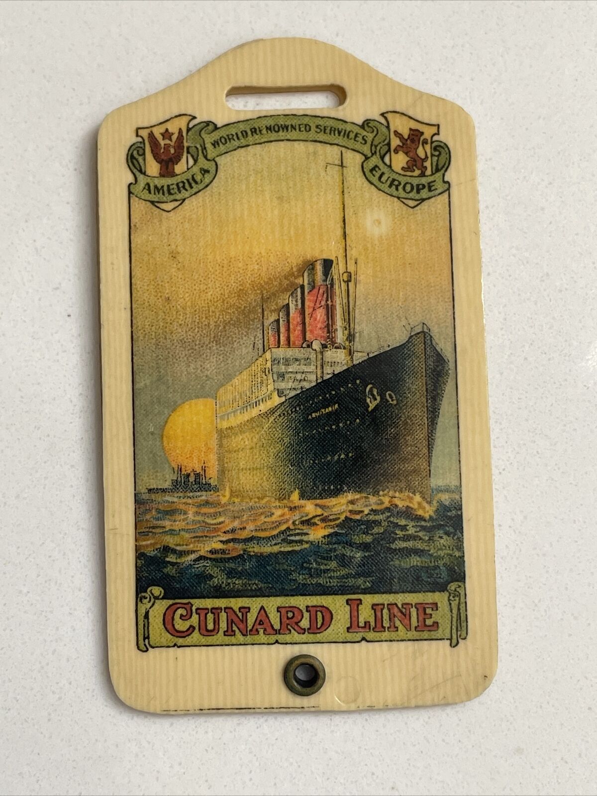 Antique RMS Aquitania Cunard Line Ocean Liner Ship Baggage Tag Fob Circa 1914