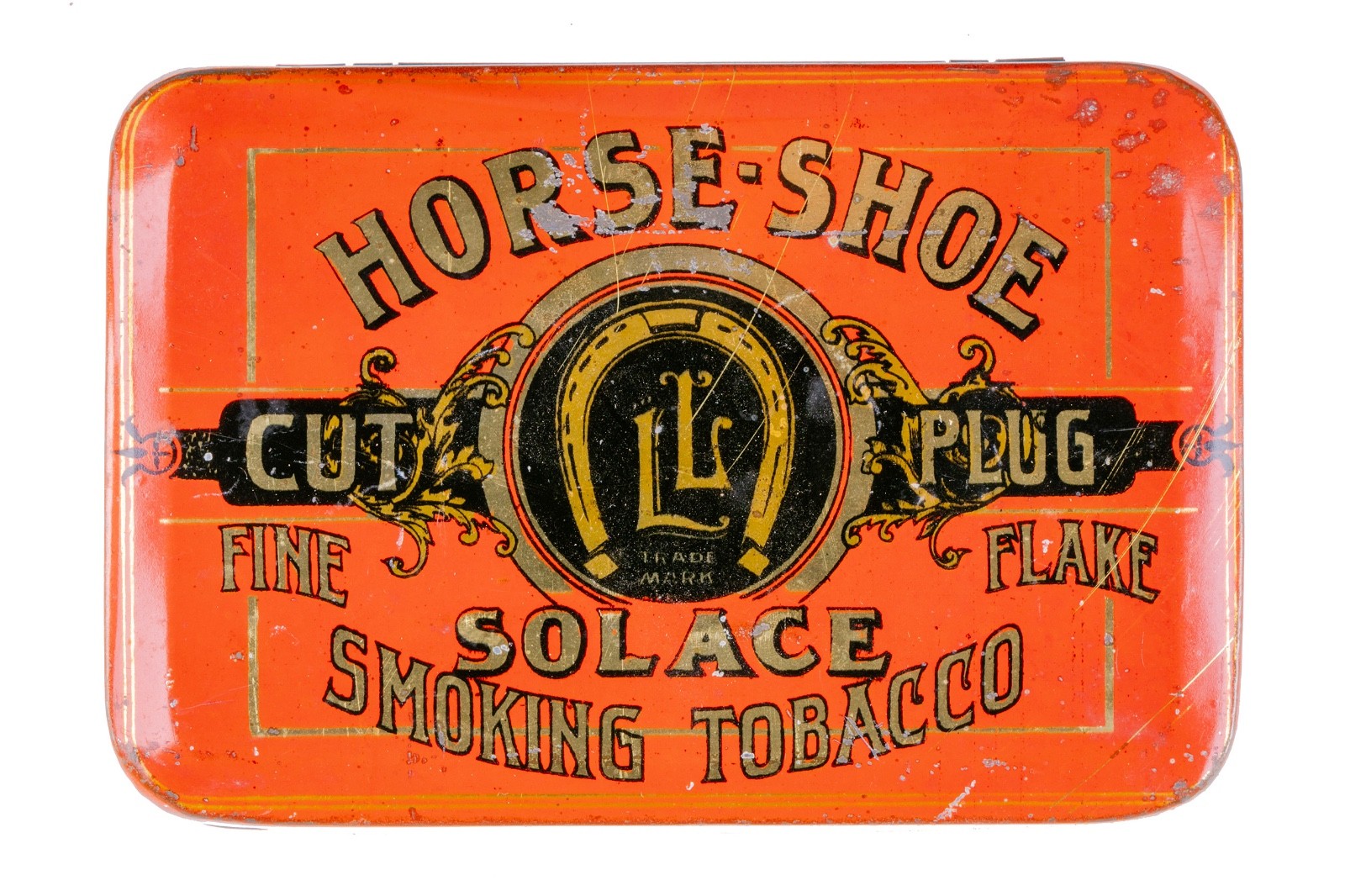 Rare 1910s "Horse-Shoe Solace" litho cut plug hinged tobacco tin in good cond