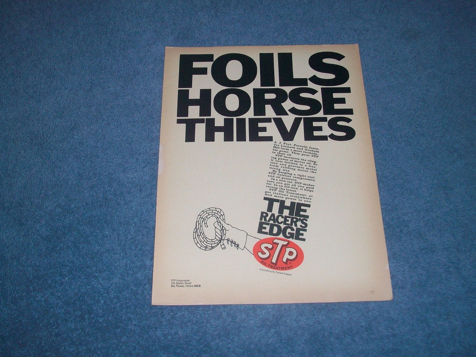 1968 STP Oil Treatment Vintage Ad "Foils Horse Thieves" 1968 STP Oil Treatment Vintage Ad "Foils Horse Thieves"