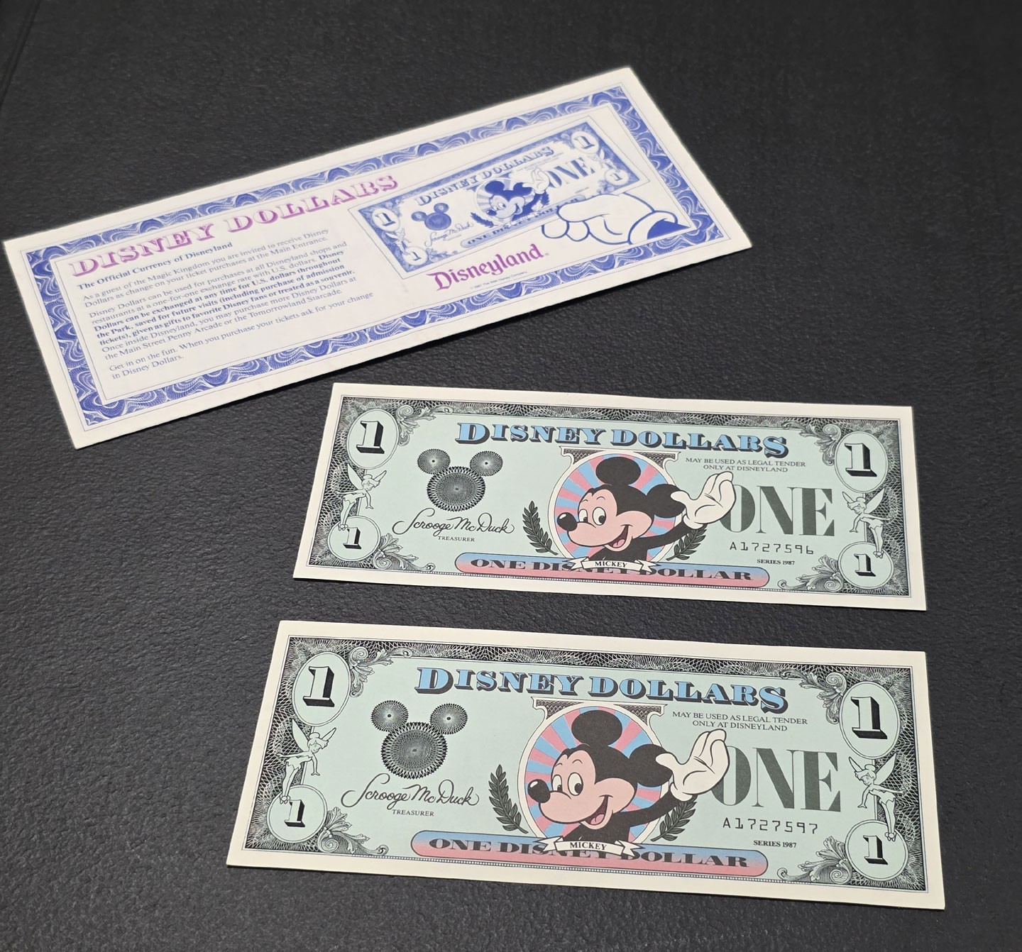 2 1987 Disney Dollars Consecutive Serial Numbers Series A $1 Mickey Disneyland 2 1987 Disney Dollars Consecutive Serial Numbers Series A $1 Mickey Disneyland