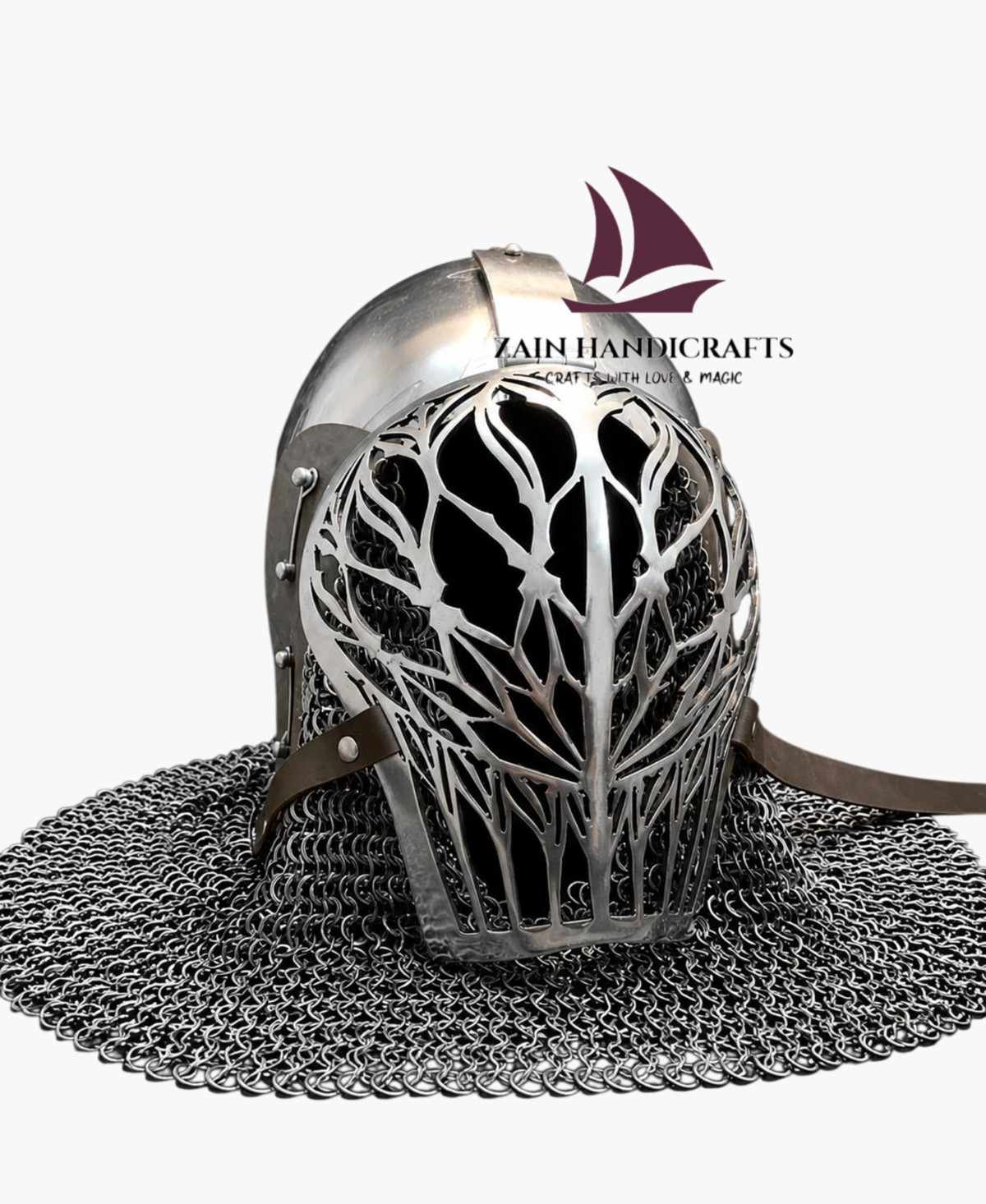 ZAIN Medieval Knight Helmet with Chainmail Aventail Handmade Steel Gothic Helmet ZAIN Medieval Knight Helmet with Chainmail Aventail Handmade Steel Gothic Helmet