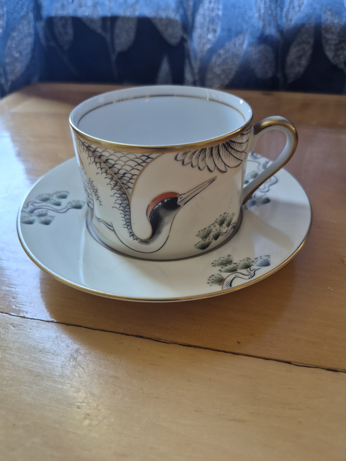 Vintage Fitz And Floyd Cup And Saucer With Crane And Pine Pattern, Gold Trim Vintage Fitz And Floyd Cup And Saucer With Crane And Pine Pattern, Gold Trim