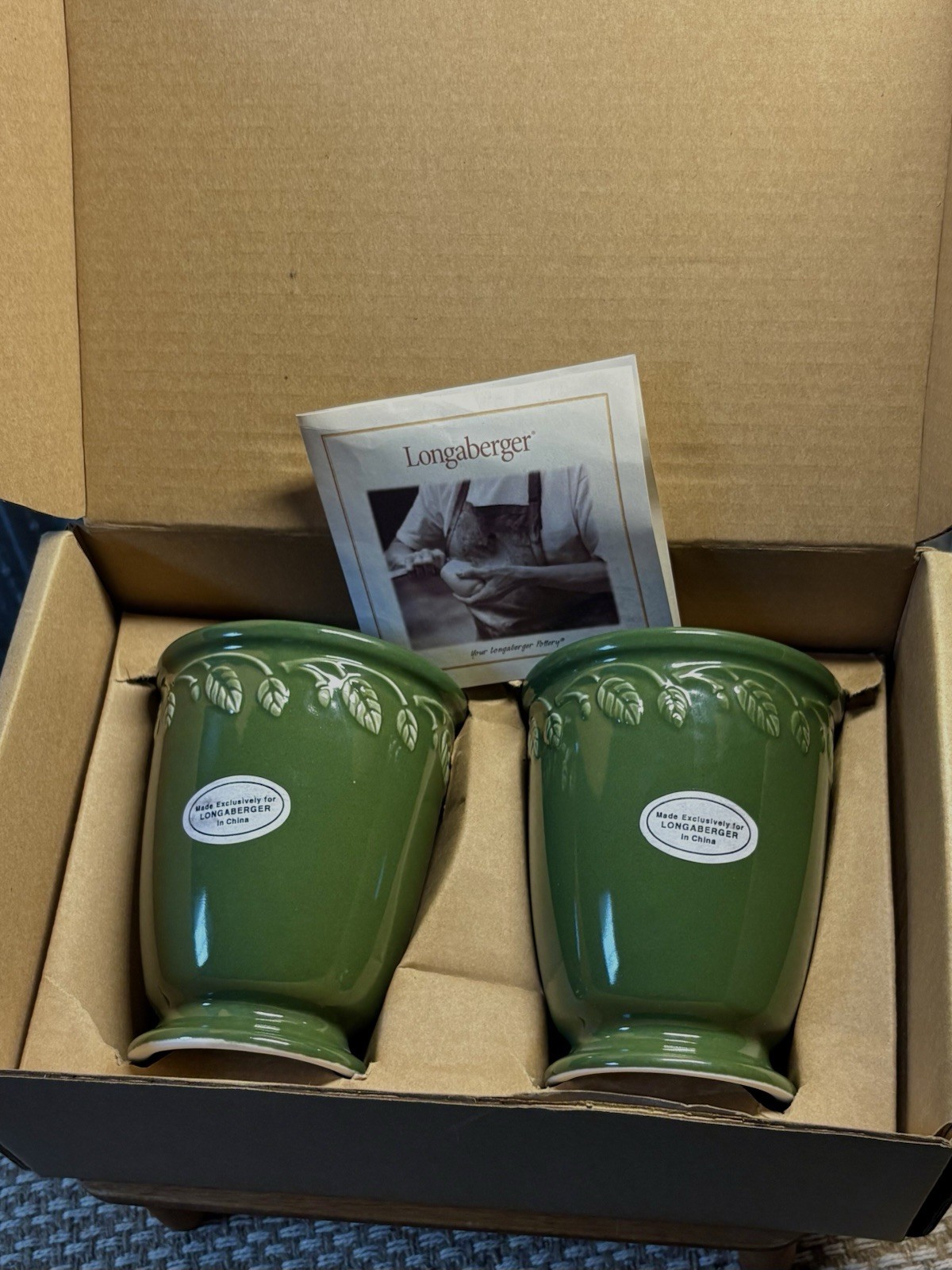 Longaberger At Home Garden Green Vase Set 2 #31309 Box Booklet Retired