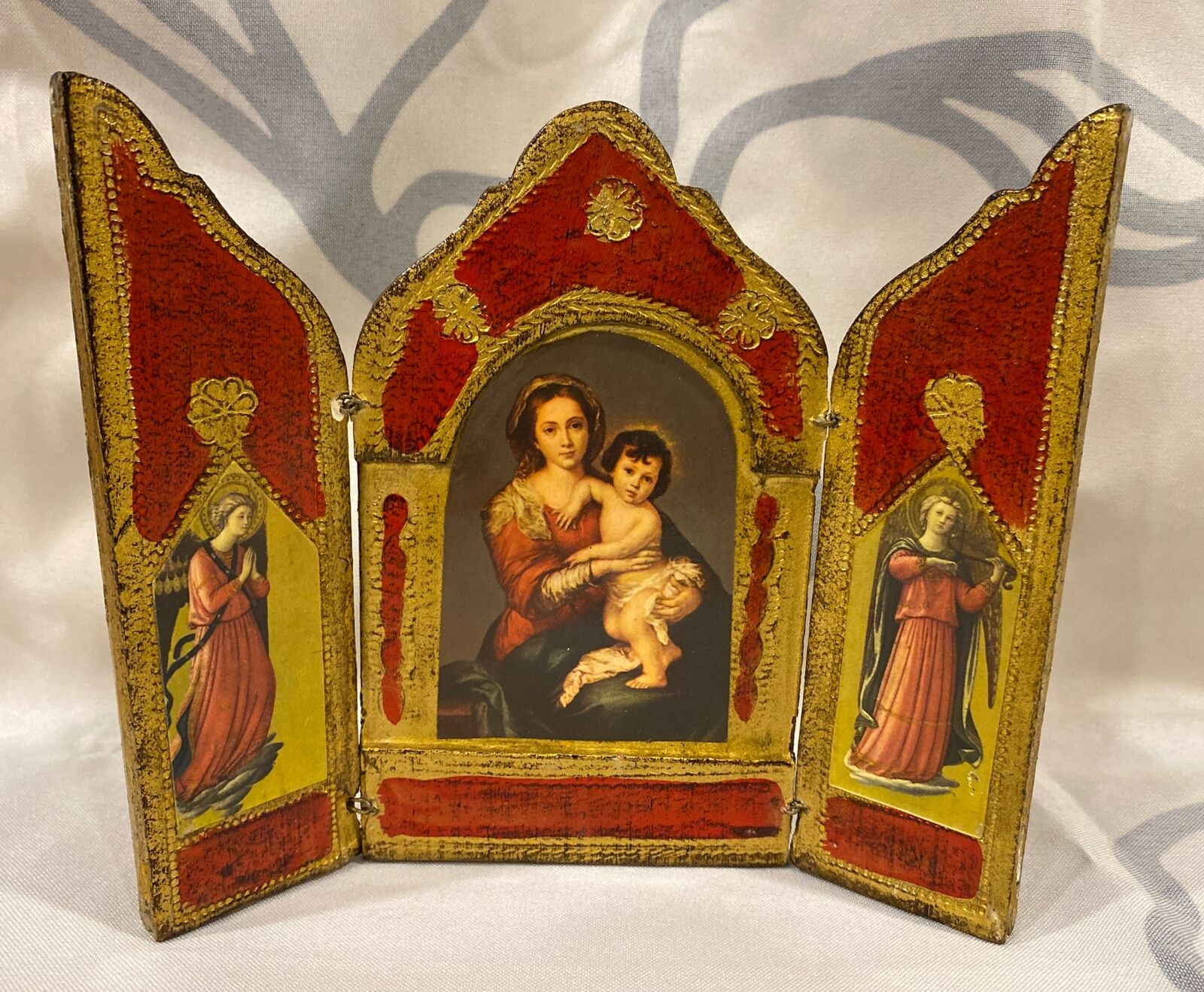 Vintage Italian Gilt Wood Icon Triptych Madonna & Jesus Pitti Palace Florence