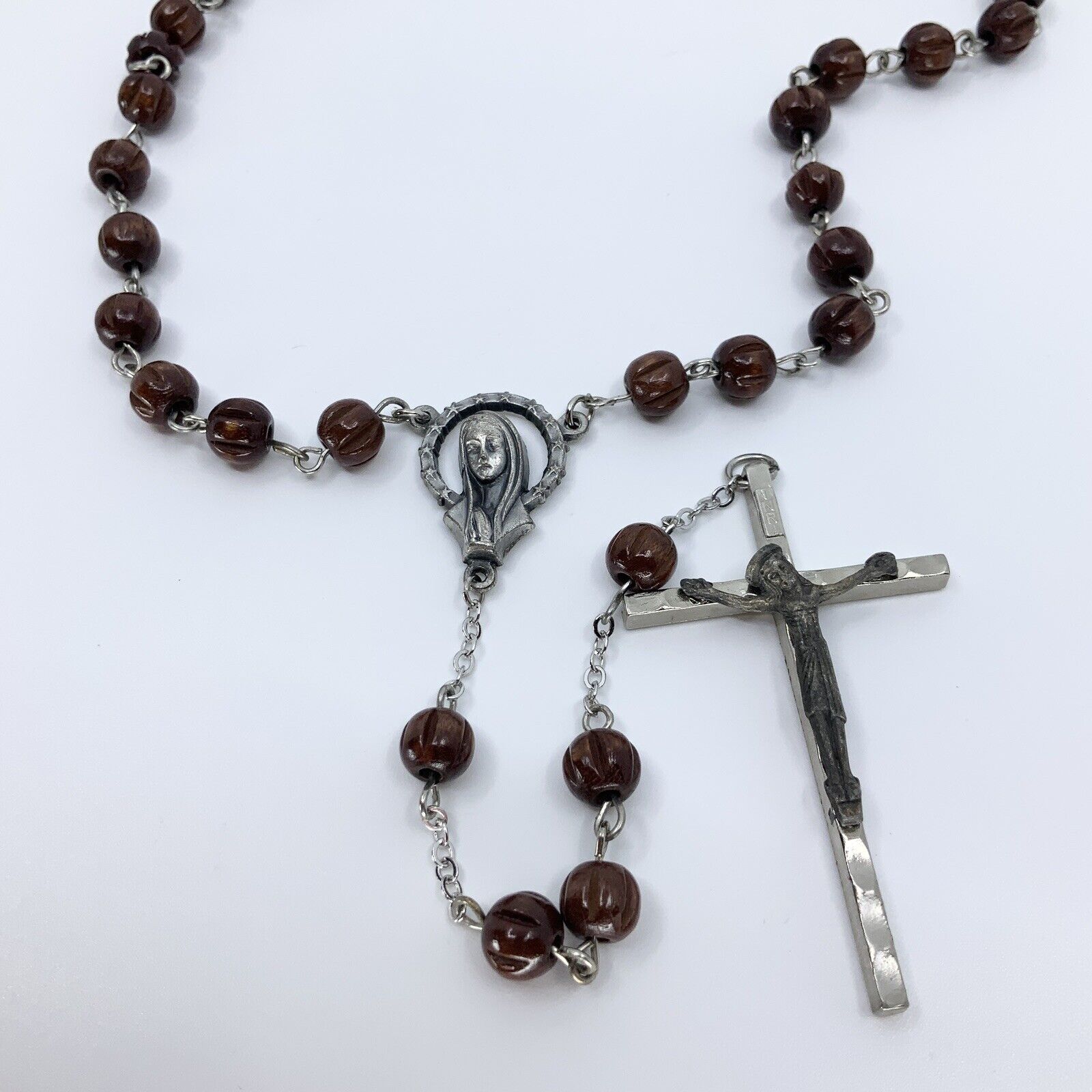 Vintage Inri Italy Signed Silver Tone Crucifix Madonna Carved Wood Bead Rosary