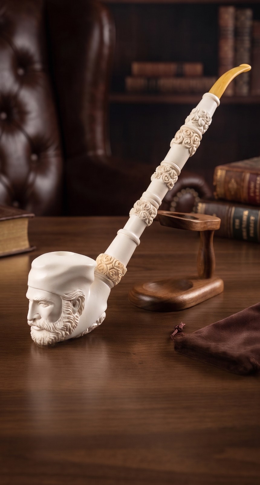 Vintage Antique Long Stem Tengri Turkish Meerschaum Pipe 15" Large Carving Head