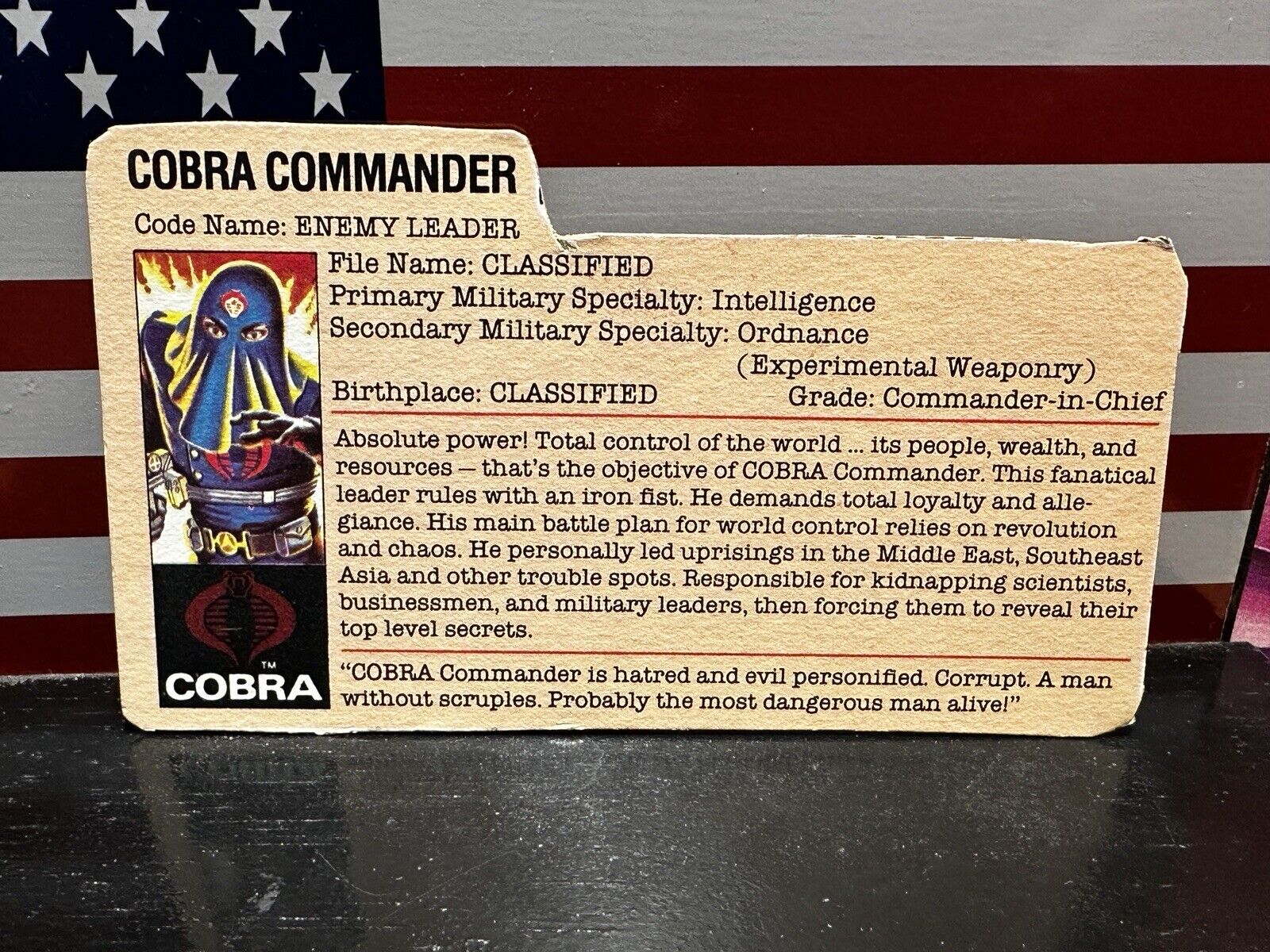 1984 GI Joe COBRA COMMANDER File Card Only Near Mint ARAH THE ENEMY LEADER