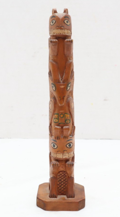 ATQ Northwest Coast Native American Hand Carved Wood Totem Pole 10" Vintage