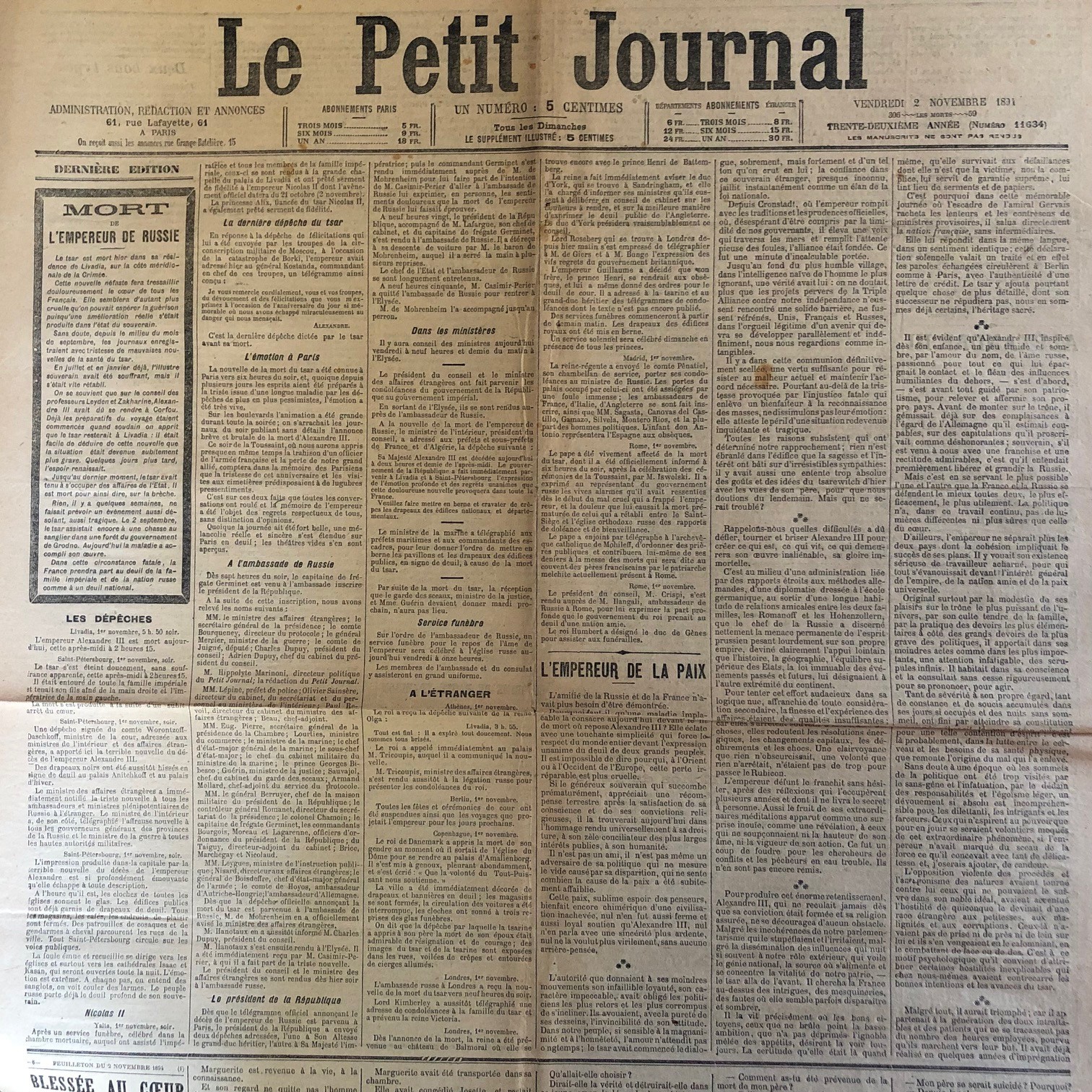 LE PETIT JOURNAL 2 November 1894#Death of the Emperor of Russia Tsar Alexander III