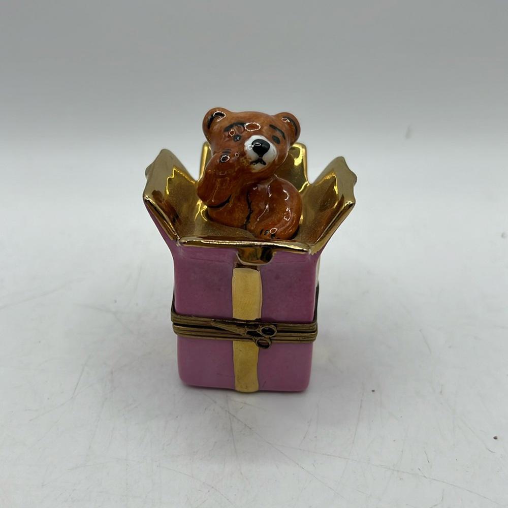 Vtg Limoges France Bear Present Hand Painted Trinket Box Collectible Decor Mini