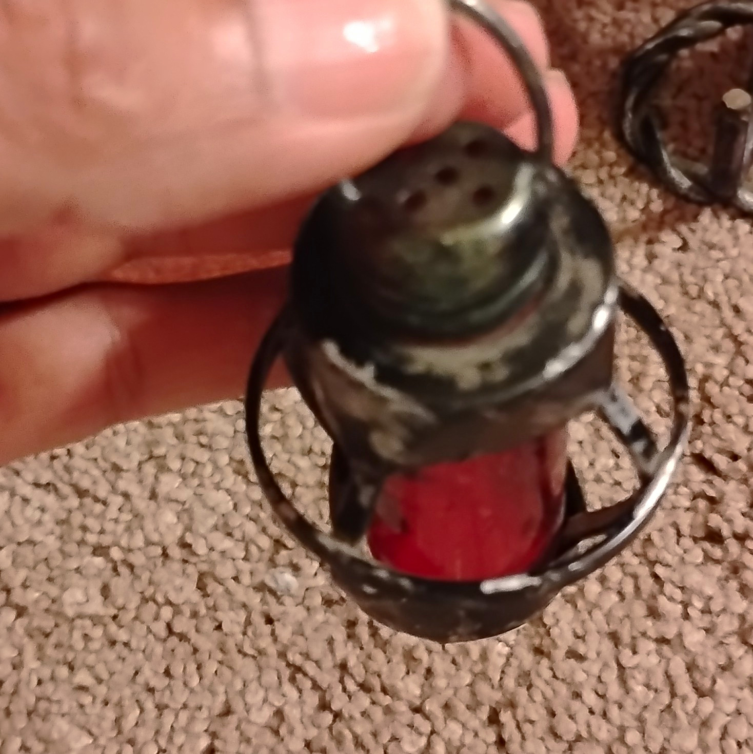 Vintage Miniature Black Metal Railroad Lantern with Red Glass Globe