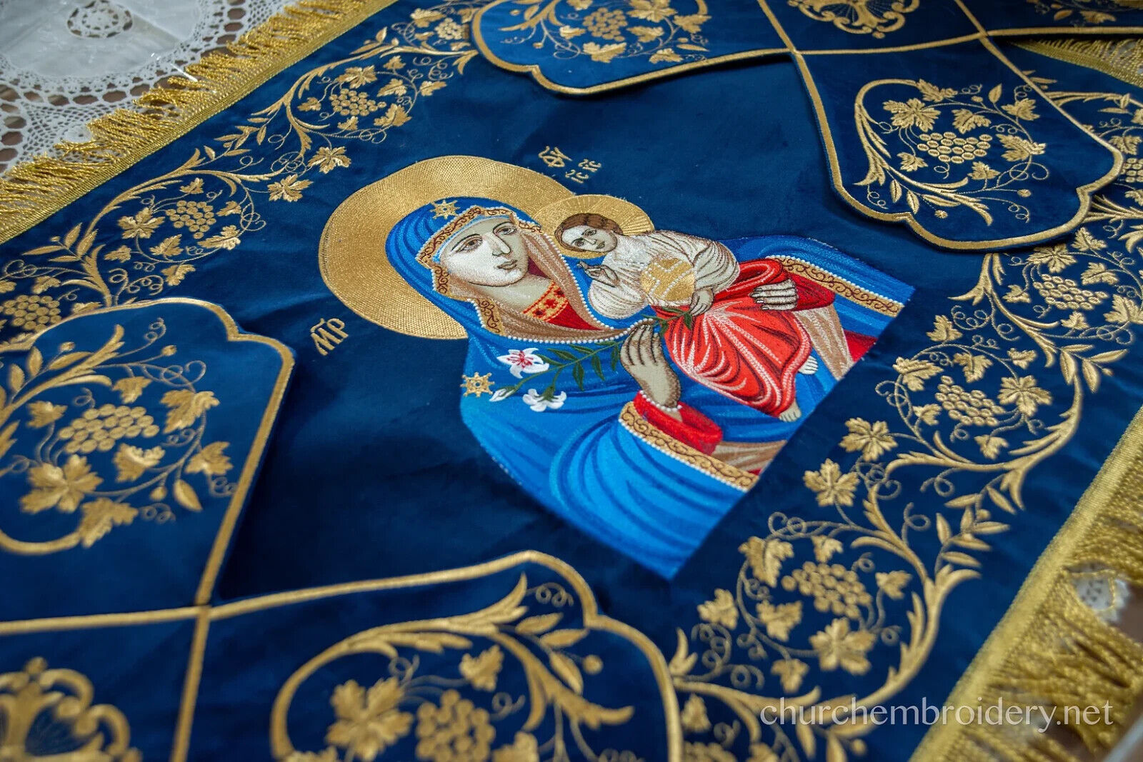Chalice covers set, Blue gold with Icon, FULLY embroidered, velvet cotton